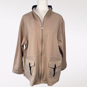 Allison Daley Lightweight Full Zip Jacket Tan Navy Trim Petite Large